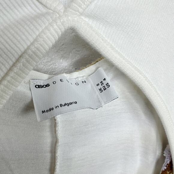 ASOS Crochet Maxi Dress Striped Size 4 White Brown Purple 70s Retro Cut Out - Picture 3 of 9